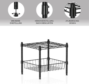 Металева стійка для зберігання, регульована штабелювальна стійка, штабелювана та розширювана стелажна система, міцна стелажна система для зберігання, полиця-органайзер для шафи (чорна, 2 рівні)