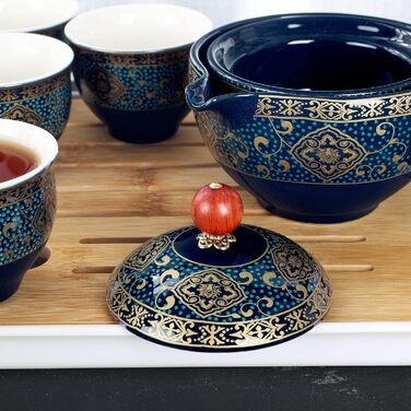 Чайний сервіз Fanquare з порцеляни для подорожей, золотий квітковий візерунок, 4 чашки, чайник та бамбуковий піднос, у дорожній сумці, темно-зелений колір