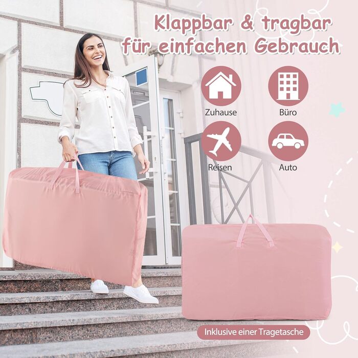 Дитяче ліжечко FANTASK 3-в-1 з матрацом, мобільне дитяче ліжечко з 6 регулюваннями висоти, портативне дорожнє ліжечко з кошиком для зберігання та сумкою для перенесення для дітей до 6 місяців (рожеве)