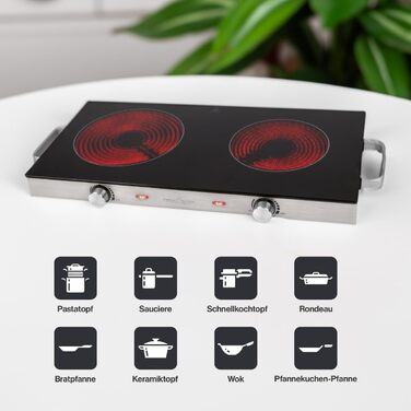 Інфрачервона подвійна конфорка ProfiCook Енергозберігаюча плита з двома варильними поверхнями Варильна поверхня зі стійкого до подряпин склокераміки Варильна плита для всіх типів каструль Подвійна конфорка 2800 Вт ПК-ДКП 1211