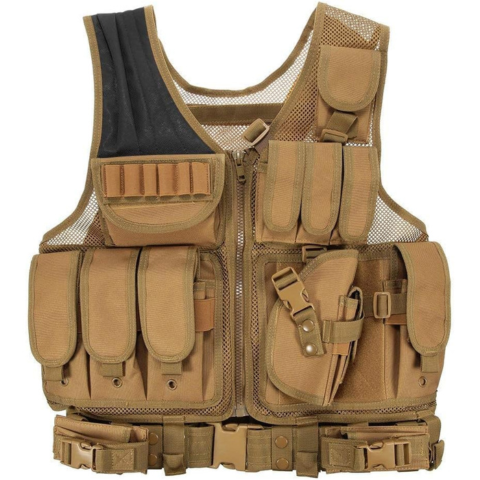 Чоловічий тактичний жилет Lejie Tactical Vest Чоловічий жилет на відкритому повітрі з кишенями - тактичний жилет для полювання риболовлі кемпінгу Airsoft Пейнтбол Військовий 58 * 40см TAN