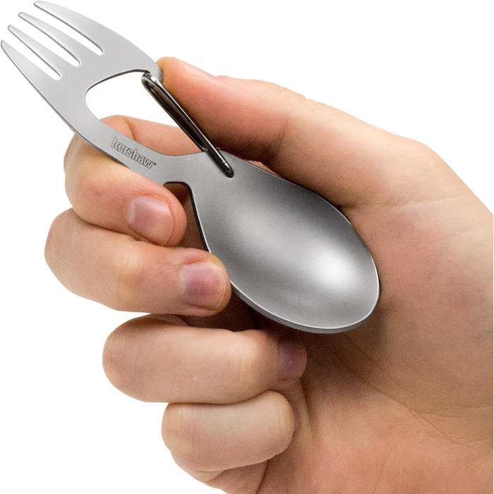 Мультитул Kershaw Ration з нержавіючої сталі, ложка, виделка, карабін та відкривачка для пляшок, звичайна довжина та XL звичайна - 4,6 дюйма, сріблястий