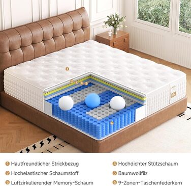 Матрац 90x200 см, висота 28 см, жорсткість H3/H4, 9-зонний пружинний матрац кишенькової форми з комфортною піною, ортопедичний ергономічний матрац, сертифікований Oeko-Tex та CertiPUR, полегшення тиску та болю в спині 90x200x28 см