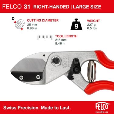 Садові ножиці FELCO 31 (ножиці для дерев, діаметр різання 25 мм, довжина 210 мм, садові ножиці для великих рук, з ковадлом, для правшів та лівшів) одинарні
