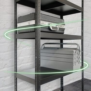 Міцний стелаж - ВxШxГ 180 x 90 x 40 см - Чорний - Вантажопідйомність 650 кг - Стелаж без болтів з 5 полицями - Навантаження на полицю 130 кг - Зроблено в ЄС - Міцний металевий стелаж - Легке складання - Для майстерні та складу