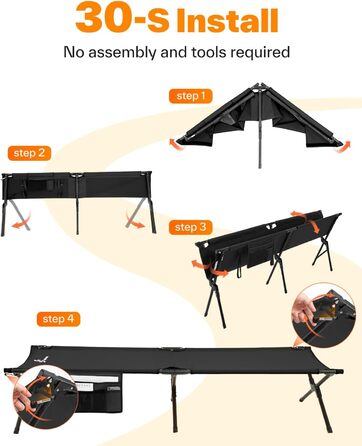 Розкладне ліжечко Sportneer 199 x 73 см, складне кемпінгове ліжко, складне гостьове ліжко для кемпінгу, походів, подорожей на природі, пляжу, саду на свіжому повітрі, використання в приміщенні, чорне