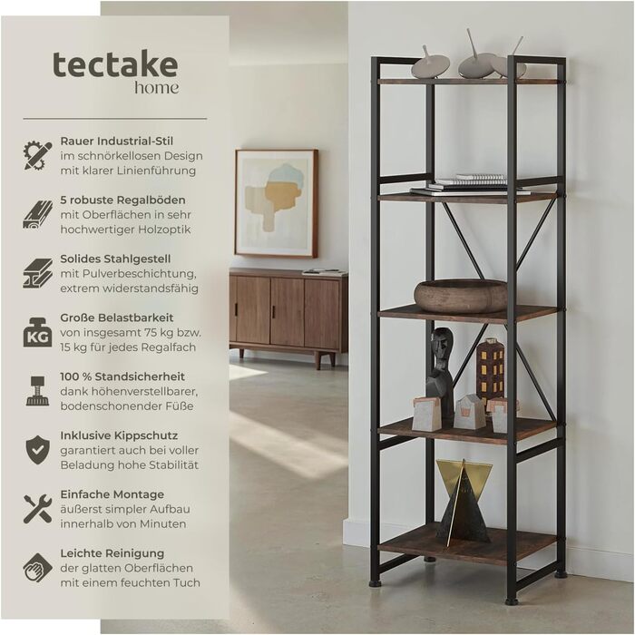 Книжкова полиця tectake Industrial Design, Відкритий стелаж з 5 полицями, Вінтажна окремостояча полиця із захистом від перекидання, Вузька полиця для офісу, вітальні, кухні, 47,5x34,5x151,5 см - Темне дерево в індустріальному стилі, Рустикальний темно-кор