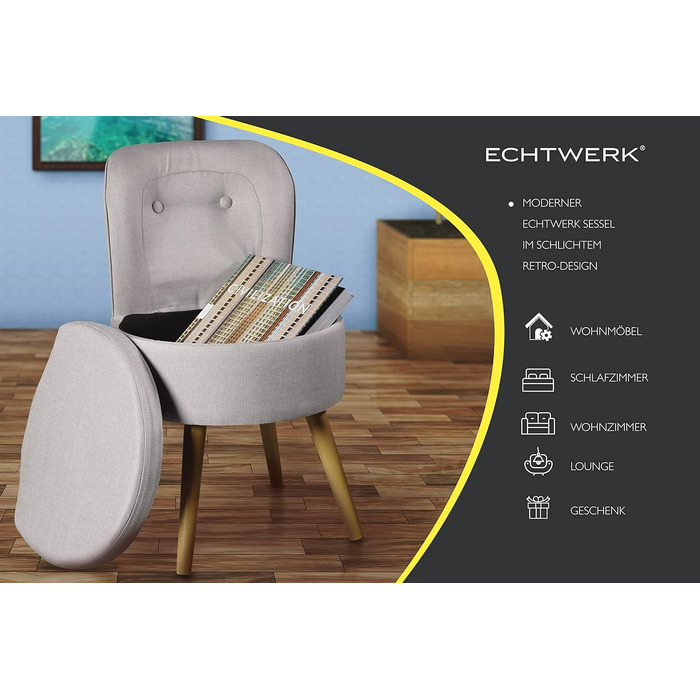 Крісло ECHTWERK Вінс, м&39яке крісло, зручне крісло, висока спинка, м&39яка пінопластова підкладка, дерев&39яні ніжки, 6,2 кг, сірий колір
