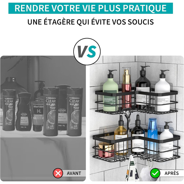 Душова полиця Yazoni без свердління 2 шт. - Душова полиця кутова з гачком, душова полиця з нержавіючої сталі для ванної кімнати та