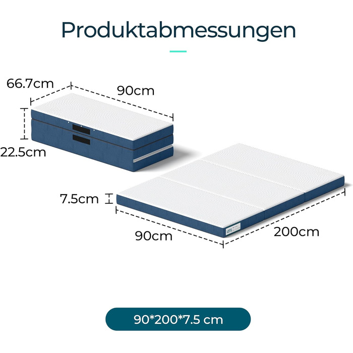 Складаний матрац 90 x 200 см з надзвичайно водонепроникним чохлом, матрац Tencel Trifold 7,5 см, матрац з піни з ефектом пам&39яті, складаний, портативний, легко зберігати, диван-ліжко білий 90 x 200 см