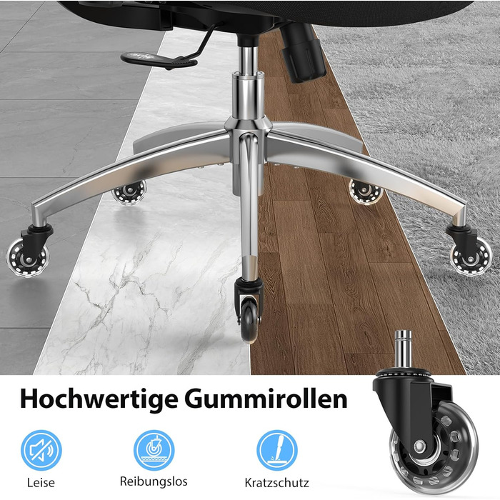 Ергономічне офісне крісло mfavour з гумовими колесами, 4D підлокітниками, регульованим підголівником та поперековою опорою, дихаюче сітчасте робоче крісло, металева основа, вантажопідйомність до 150 кг, чорний колір, 70 Г x 66 Ш x 134 В