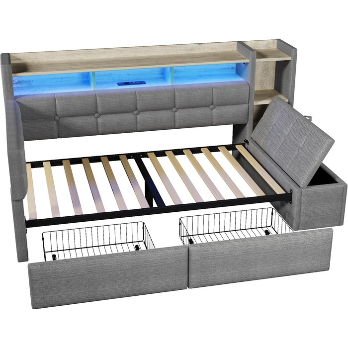 Кушетка, диван-ліжко, 90190 см, з двома шухлядами, портами USB та Type-C, відділенням для зберігання речей, лавкою для зберігання речей у нижньому кінці, світлодіодною стрічкою, без матраца, оксамит (темно-сірий)