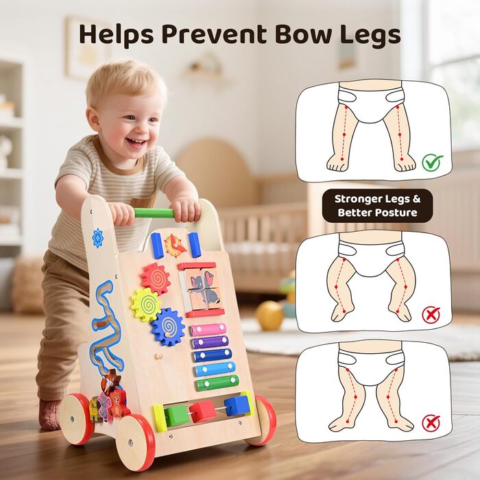 Дерев&39яні ходунки для дітей 8-в-1 з колесами та будівельними блоками, багатофункціональна іграшка-подарунок для малюків від 10 місяців до 1-2 років, кольору дерева