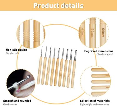 Набір гачків для вязання з 9 предметів. Ергономічні спиці, деревяна ручка для вязання гачком, гачки для вязання, надзвичайно легкі спиці для початківців та пряжа для вязання (2,0/2,5/3,0/3,5/4,0/4,5/5,0/5,5/6,0 мм)