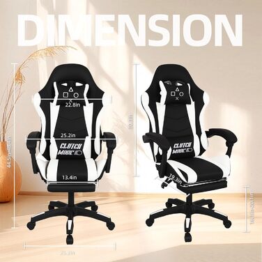 Ергономічне ігрове крісло FRANKYSTAR Clutch, офісне крісло з поперековою подушкою, підголівником та підставкою для ніг з ПВХ, чорно-біле