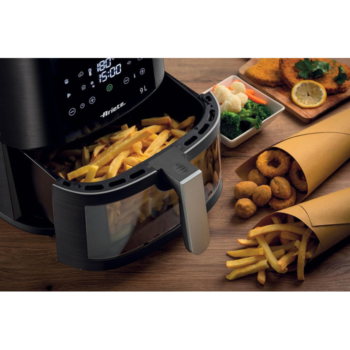 Аерофритюрниця Ariete 4630, 9 л, 1500 Вт, 8 програм, функція гриля, до 3,5 кг продуктів, температура до 200 C, прозорий кошик, чорна