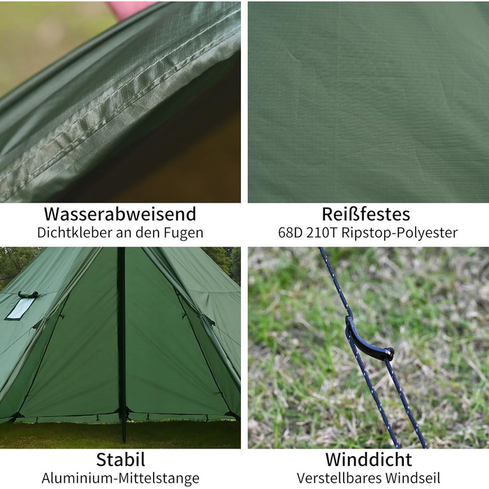 Намет-тіпі з отвором для плити та снігозахисною спідницею, водонепроникний намет-тіпі на 4 особи для сімейного кемпінгу, пірамідальний намет на 4 сезони для походів, активного відпочинку, трекінгу, полювання, риболовлі, зелений