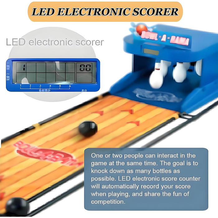 Електронний боулінг для домашнього використання - Складаний аркадний автомат з автоматичним налаштуванням кеглей, світлодіодним дисплеєм та звуком - Портативне спортивне обладнання для відпочинку та офісу, вечірок та заходів (2 м/6 футів)