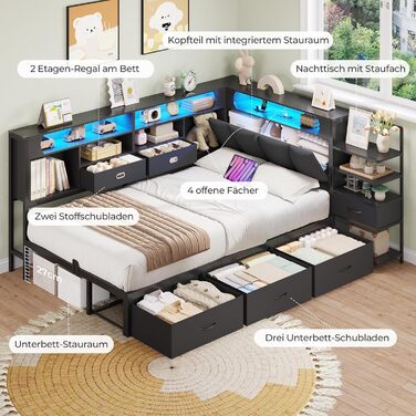 Дитяче ліжко DICTAC 90x200 см з 6 шухлядами, світлодіодним освітленням та зарядною станцією Багатофункціональний диван-ліжко з вбудованою тумбочкою та прихованим місцем для зберігання в узголів&39ї (чорний) 90x200 см