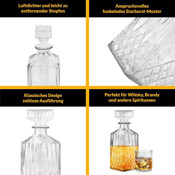 Графин для віскі Krollmann 900 мл з 4 склянками для віскі - скляний графин у вигляді кришталевої пляшки - графин для віскі для сер