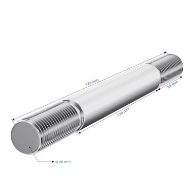 Вісь колісна Wiltec Standard 170 x 20 мм для тачки, ширина ступиці 130 мм, вісь для коліс тачок, візків, садових візків, ручних візків