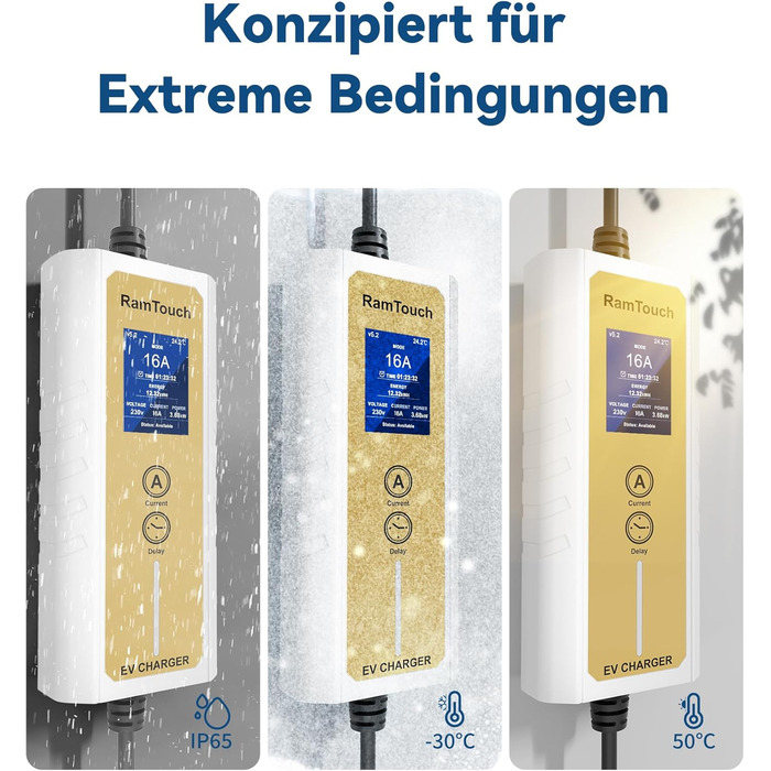 Зарядний кабель RamTouch для електромобілів типу 2 Schuko (3,7 кВт, 6,5 м), мобільна настінна коробка Schuko з регульованою та зап