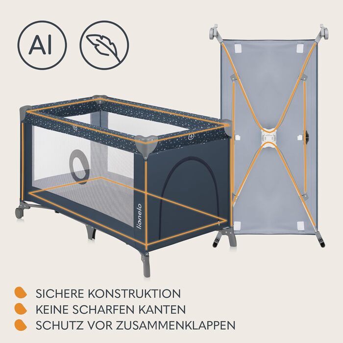 Дитяче ліжечко Lionelo Stefi, дорожнє ліжечко від народження до 15 кг, бічний вхід, система безпеки LockGuard, блокування коліс, сумка для перенесення, складне, синьо-сіре