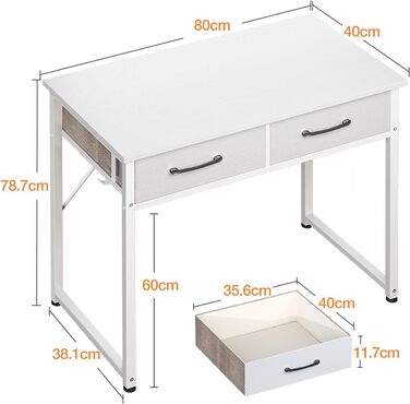 Письмовий стіл з 2 шухлядами, 80x40x78,7 см, невеликий стіл з тримачем для навушників, офісний стіл, ПК-стіл для офісу, вітальні, домашнього офісу, білий 80x40x78,7 см, білий