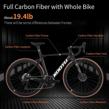 Карбоновий шосейний велосипед KOOTU, легкий шосейний велосипед з повністю карбоновими дисковими гальмами, 24-швидкісною групою Shimano R7120 та гідравлічними дисковими гальмами для дорослих, червоний, 56 см