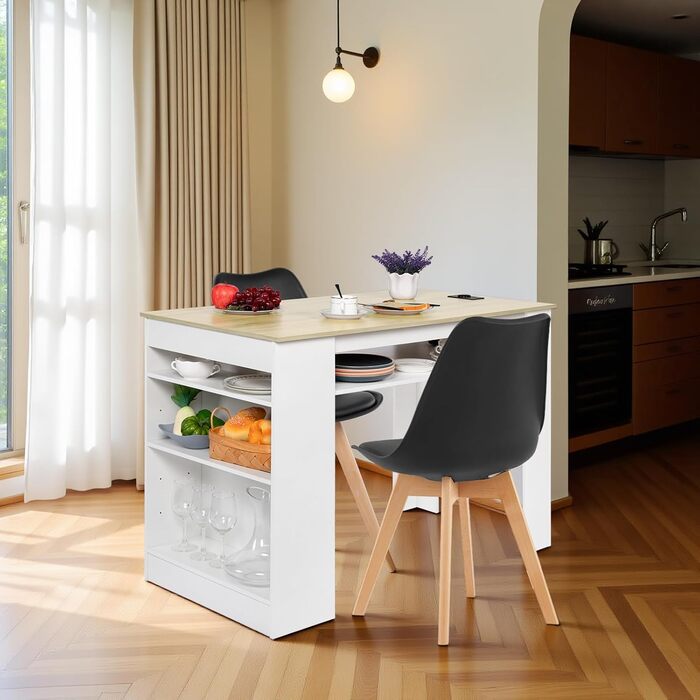 Багатофункціональний обідній стіл EGGREE з полицями для зберігання та розеткою - Кухонний стіл 110x60x78 см у дубовому декорі - Полиці з регульованою висотою, поверхня для зберігання, для невеликих приміщень у дубовому та білому кольорах