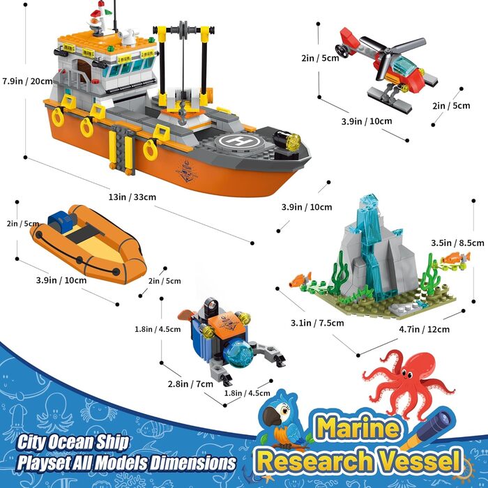 Міська плавуча іграшка для будівництва кораблів, океанський дослідницький корабель, човен, дослідницьке судно, іграшка зі світлодіодним підсвічуванням, гелікоптер, підводний човен, клітка для акул, подарунки на день народження для хлопчиків 6-12 років, ді