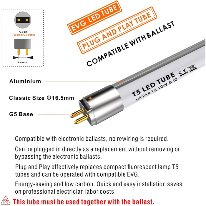 Світлодіодна трубка IHYCTV T5, 549мм, заміна на люмінесцентні лампи, F14T5, 12W, 1550lm, 3000K, 830, теплий білий, цоколь G5, робота з відповідним ЕПРА, 140 градусів, без відблисків