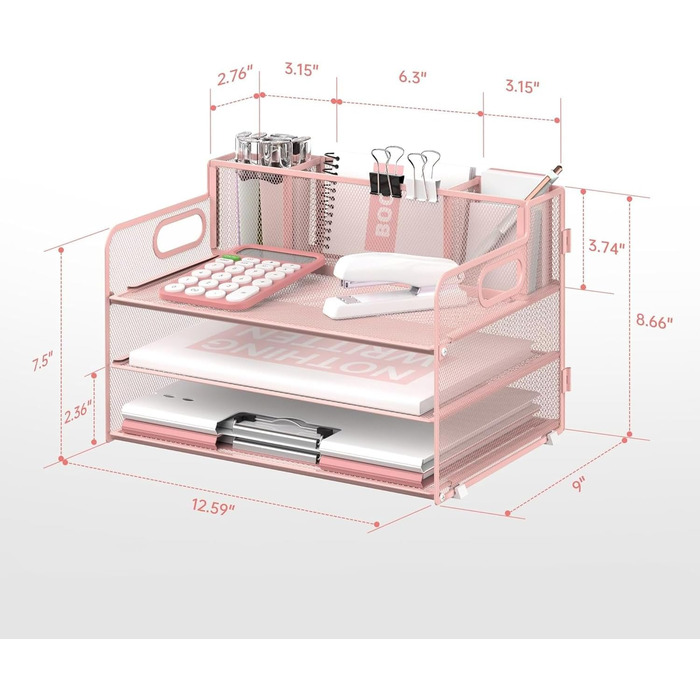 Рівневий органайзер для столу з ручкою та 3 тримачами для ручок, сітчастий органайзер для паперу/файлів на стіл, лоток для паперу та листів, рожевий Pink 1, 3-