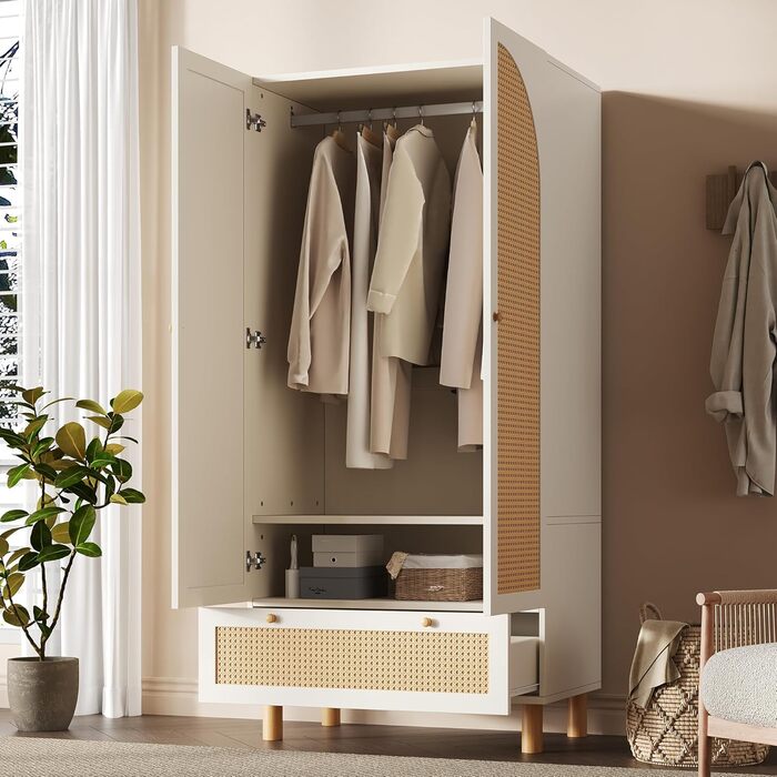 Шафа EMKK з 2 дверима, плетена шафа з ротанга, багатофункціональна шафа в сільському стилі, гардеробна-шафа, з великою шухлядою, біла, 180x85x52 см (В/Ш/Г)