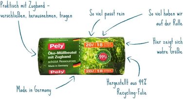 Екологічні сміттєві пакети Pely зі шнурком, 20 літрів, вигідна упаковка 10 x 18 пакетів в коробці, 99 переробленого матеріалу, непрозорі, для побутових та залишкових відходів
