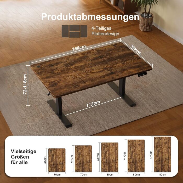 Стіл з регульованою висотою 160 x 80 см з кабельним лотком, Електрично регульований стіл для роботи стоячи з USB-портом, Комп&39ютерний стіл, Ергономічний стіл для роботи сидячи та стоячи, Офісний стіл, Вінтажний коричневий 160 x 80 см