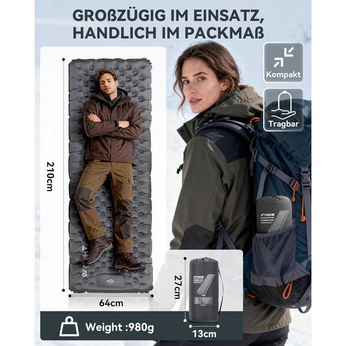 Килимок для кемпінгу HIKENTURE, R-значення 7.3, з ножним насосом, надтовстий килимок для сну 10 см, 210x64 см, теплий килимок для сну/надувний матрац, невеликий розмір у упаковці, 4 сезони для активного відпочинку, походів, наметів