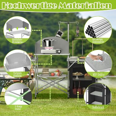 Складана кемпінгова кухня, кемпінгова шафа з алюмінію з 3 робочими поверхнями, відділенням для шафи, підставкою для світла та 4 гачками, вулична кухня, кемпінгова шафа