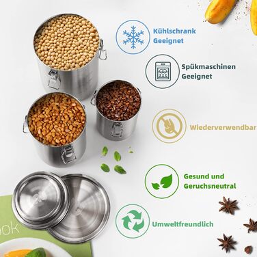 Контейнери для зберігання з нержавіючої сталі Nicelock, набір з 3 шт. , з кришками, герметичні кавові каністри, контейнери для зберігання продуктів, легкий та гігієнічний матеріал - набір з 3 предметів з нержавіючої сталі на 500 мл, 1000 мл та 1600 мл (52