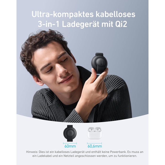 Бездротова зарядна станція Anker MagGo 3-в-1, сумісний з MagSafe сертифікований зарядний пристрій Qi2 на 15 Вт (зі штекером ЄС/США