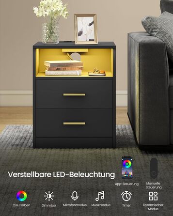 Колекція Custos - Тумбочка із зарядною станцією, комплект із 2 шт. , світлодіодне підсвічування, бічний столик, сучасний, з шухлядами, 2 розетками змінного струму та USB-портами, чорний колір LET829BC01 чорний колір 2 комплекти