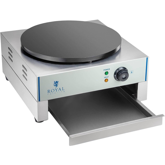 Млинниця Royal Catering RCEC-3000-E (Ø 40 см, 3 000 Вт, чавун з емальованим покриттям, нержавіюча сталь, висувний лоток розподільник тіста)