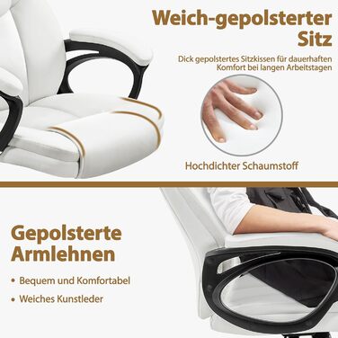 Офісне крісло Yaheetech, крісло керівника, ергономічне поворотне крісло з високою спинкою, комп&39ютерне крісло, зручне робоче крісло з регульованою висотою, офісне крісло зі штучної шкіри, піна високої щільності, функція гойдання, біле, біле, штучна шкір