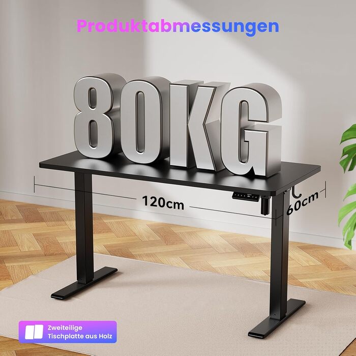 Стіл з регульованою висотою, електричний комп&39ютерний стіл 120 x 60 см, стіл для сидіння та стояння з 4 положеннями пам&39яті, стіл для стояння з 2 гачками, з&39єднувальна пластина, чорний