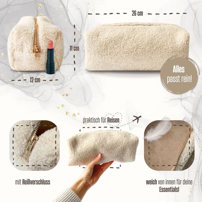 Плюшева косметичка з вишитими ініціалами - персоналізована плюшева косметичка ідеально підходить як сумочка-органайзер (бежева) Пе