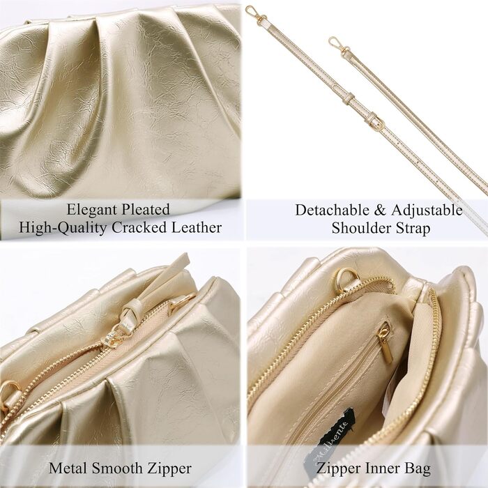 Жіноча вечірня сумка Milisente з клатчем, хмарою та плісованими краями, елегантна маленька сумочка зі штучної шкіри, сумка на плече для весілля на блискавці золотого кольору