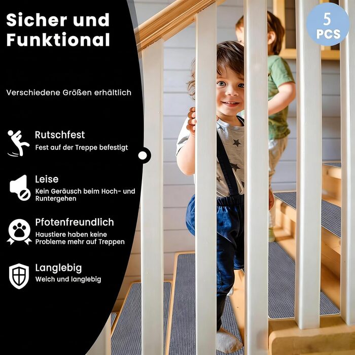 Сходинки для сходів 27 x 88 см, м&39який ворс, самоклеючі та протиковзкі, можна різати, багаторазові, 5 килимових сходинок, килимки для сходів для дітей та домашніх тварин, A