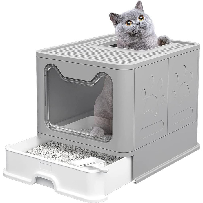 Котячий лоток, котячий туалет, з кришкою, висувний лоток, просторий для котів вагою до 15 кг, менше слідів, герметична підлога (сірий)