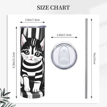 Кухоль з прямою трубочкою, 590 мл, чорно-білий смугастий принт кошенят, дорожній кухоль, підходить для кемпінгу, офісу та дому