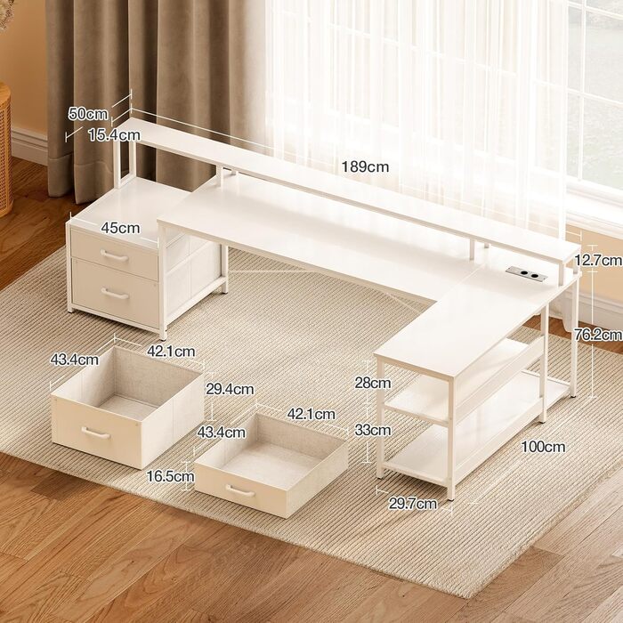 Письмовий стіл ODK з шухлядами, 189,3100 см, двосторонній кутовий стіл, великий, з 2 розетками та портом зарядки USB, L-подібний стіл з місцем для зберігання, ігровий стіл для домашнього офісу, білий 189,310088,7 см